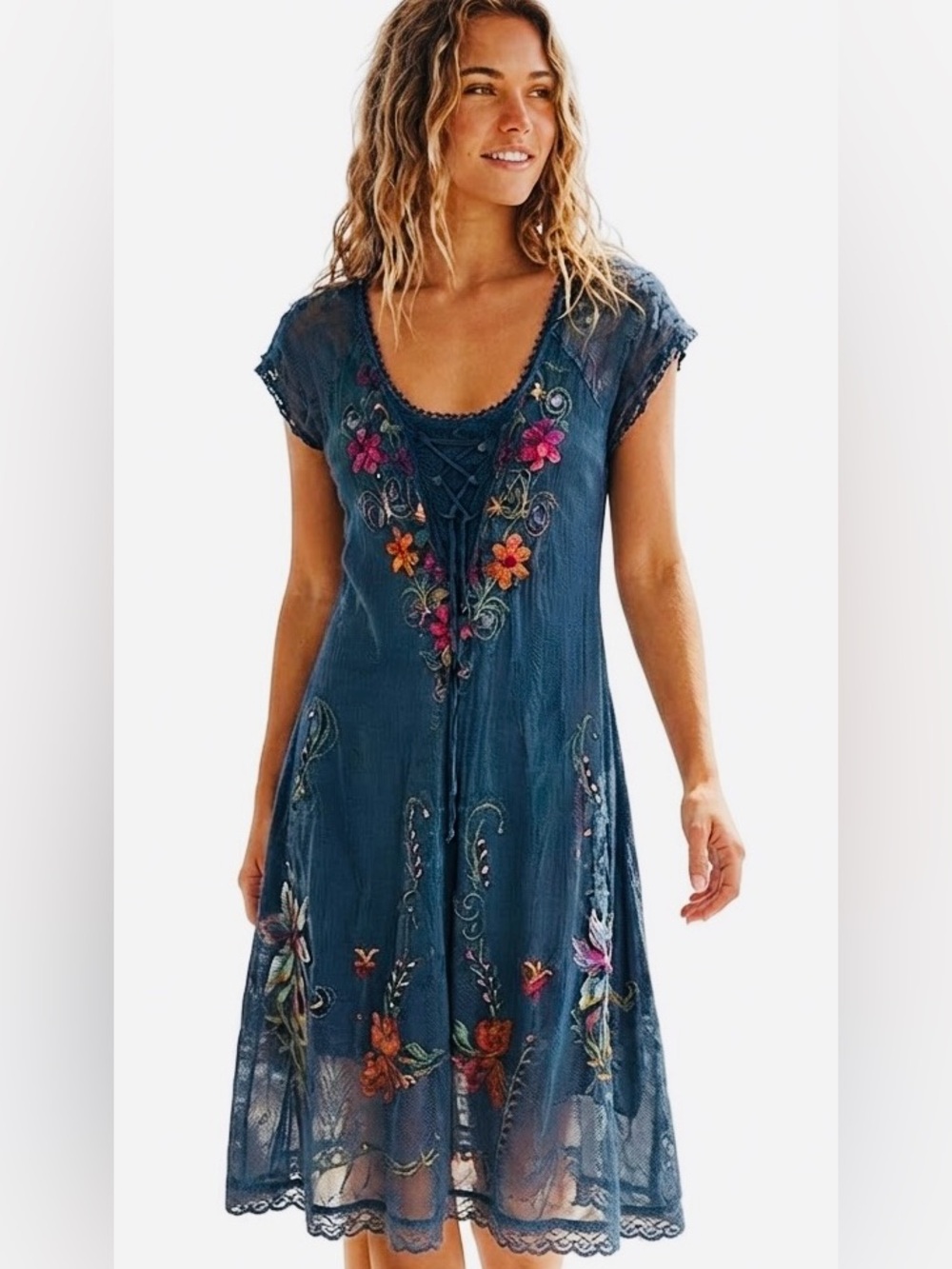 SHORELINE FLORAL MIDI DRESS blue Embroidered